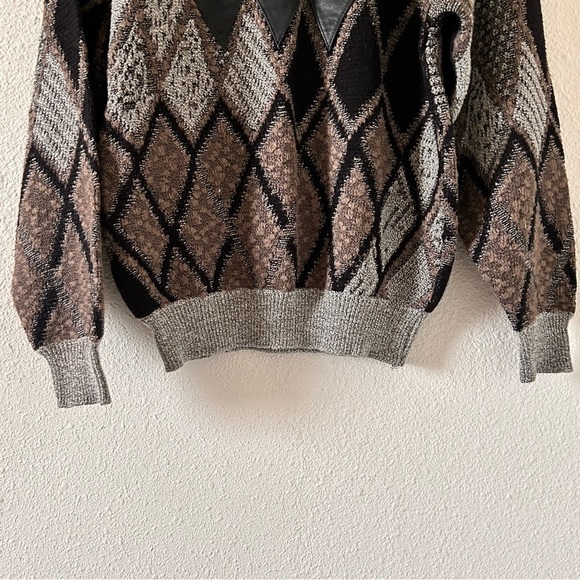Pacific Club VTG Wool Blend Leather Trim Knit Dad Grandpa Sweater Women Sz Large - Picture 2 of 10